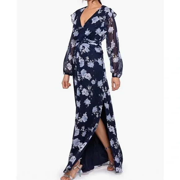 Betsy & AdamFloral Chiffon Ruffle V-NeckMaxi Dress size 8